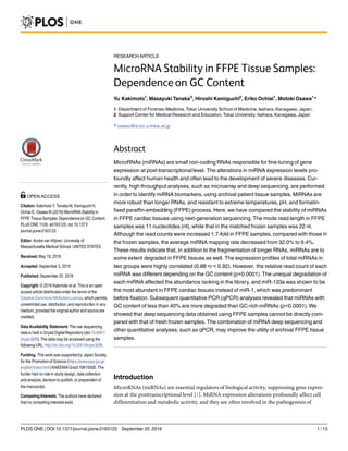 RESEARCH ARTICLE
MicroRNA Stability in FFPE Tissue Samples:
Dependenceon GC Content
Yu Kakimoto1
, Masayuki Tanaka2
, Hiroshi Kamiguchi2
, Eriko Ochiai1
, Motoki Osawa1
*
1 Department of Forensic Medicine, Tokai University School of Medicine, Isehara, Kanagawa, Japan,
2 Support Center for Medical Research and Education, Tokai University, Isehara, Kanagawa, Japan
* osawa@is.icc.u-tokai.ac.jp
Abstract
MicroRNAs (miRNAs) are small non-coding RNAs responsible for fine-tuning of gene
expression at post-transcriptionallevel. The alterations in miRNA expression levels pro-
foundly affect human health and often lead to the development of severe diseases. Cur-
rently, high throughput analyses, such as microarray and deep sequencing, are performed
in order to identify miRNA biomarkers, using archival patient tissue samples. MiRNAs are
more robust than longer RNAs, and resistant to extreme temperatures, pH, and formalin-
fixed paraffin-embedding (FFPE) process. Here, we have compared the stability of miRNAs
in FFPE cardiac tissues using next-generation sequencing. The mode read length in FFPE
samples was 11 nucleotides (nt), while that in the matched frozen samples was 22 nt.
Although the read counts were increased 1.7-fold in FFPE samples, compared with those in
the frozen samples, the average miRNA mapping rate decreased from 32.0% to 9.4%.
These results indicate that, in addition to the fragmentation of longer RNAs, miRNAs are to
some extent degraded in FFPE tissues as well. The expression profiles of total miRNAs in
two groups were highly correlated (0.88 <r < 0.92). However, the relative read count of each
miRNA was different depending on the GC content (p<0.0001). The unequal degradation of
each miRNA affected the abundance ranking in the library, and miR-133a was shown to be
the most abundant in FFPE cardiac tissues instead of miR-1, which was predominant
before fixation. Subsequent quantitative PCR (qPCR) analyses revealed that miRNAs with
GC content of less than 40% are more degraded than GC-rich miRNAs (p<0.0001). We
showed that deep sequencing data obtained using FFPE samples cannot be directly com-
pared with that of fresh frozen samples. The combination of miRNA deep sequencing and
other quantitative analyses, such as qPCR, may improve the utility of archival FFPE tissue
samples.
Introduction
MicroRNAs (miRNAs) are essential regulators of biological activity, suppressing gene expres-
sion at the posttranscriptional level [1]. MiRNA expression alterations profoundly affect cell
differentiation and metabolic activity, and they are often involved in the pathogenesis of
PLOS ONE | DOI:10.1371/journal.pone.0163125 September 20, 2016 1 / 13
a11111
OPEN ACCESS
Citation: Kakimoto Y, Tanaka M, Kamiguchi H,
Ochiai E, Osawa M (2016) MicroRNA Stability in
FFPE Tissue Samples:Dependenceon GC Content.
PLoS ONE 11(9): e0163125. doi:10.1371/
journal.pone.0163125
Editor: Andre van Wijnen, University of
Massachusetts Medical School, UNITED STATES
Received:May 19, 2016
Accepted: September 3, 2016
Published: September 20, 2016
Copyright: © 2016 Kakimoto et al. This is an open
access article distributedunder the terms of the
Creative Commons AttributionLicense, which permits
unrestricteduse, distribution,and reproduction in any
medium, provided the original author and source are
credited.
Data Availability Statement: The raw sequencing
data is held in Dryad Digital Repository(doi:10.5061/
dryad.fj0f8). The data may be accessed using the
followingURL: http://dx.doi.org/10.5061/dryad.fj0f8.
Funding: This work was supportedby Japan Society
for the Promotionof Science (https://www.jsps.go.jp/
english/index.html) KAKENHI Grant 16K19300. The
funder had no role in study design, data collection
and analysis, decision to publish, or preparation of
the manuscript.
Competing Interests: The authors have declared
that no competinginterests exist.
 