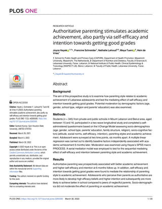 RESEARCH ARTICLE
Authoritative parenting stimulates academic
achievement, also partly via self-efficacy and
intention towards getting good grades
Joyce HayekID
1,2
*, Francine Schneider1
, Nathalie Lahoud3,4
, Maya TueniID
2
, Hein de
Vries1
1 School for Public Health and Primary Care (CAPHRI), Department of Health Promotion, Maastricht
University, Maastricht, The Netherlands, 2 Department of Nutrition and Dietetics, Faculty of Sciences II,
Lebanese University, Fanar, Lebanon, 3 National Institute of Public Health, Clinical Epidemiology &
Toxicology (INSPECT-LB), Beirut, Lebanon, 4 Faculty of Public Health, Lebanese University, Fanar,
Lebanon
* j.hayek@maastrichtuniversity.nl
Abstract
Background
The aim of this prospective study is to examine how parenting style relates to academic
achievement of Lebanese adolescents and test the mediating effect of self-efficacy and
intention towards getting good grades. Potential moderation by demographic factors (age,
gender, school type, religion and parents’ education) was also examined.
Methods
Students (n = 345) from private and public schools in Mount Lebanon and Beirut area, aged
between 15 and 18, participated in a two-wave longitudinal study and completed a self-
administered questionnaire based on the I-Change Model assessing socio-demographics
(age, gender, school type, parents’ education, family structure, religion), socio-cognitive fac-
tors (attitude, social norms, self-efficacy, intention), parenting styles and academic achieve-
ment. Adolescent were surveyed at two time points, six months apart. A multiple linear
regression was carried out to identify baseline factors independently associated with aca-
demic achievement 6 months later. Moderation was examined using Hayes’s SPSS macro
PROCESS. A serial mediation model was employed to test for the sequential mediating
effect of self-efficacy and intention between parenting style and academic achievement.
Results
Authoritative parenting was prospectively associated with better academic achievement
and higher self-efficacy and intention at 6 months follow up. In addition, self-efficacy and
intention towards getting good grades were found to mediate the relationship of parenting
style to academic achievement. Adolescents who perceive their parents as authoritative are
more likely to develop high efficacy beliefs and higher intention and subsequently are more
likely to achieve better in school compared to peers of neglectful parents. Socio-demograph-
ics did not moderate the effect of parenting on academic achievement.
PLOS ONE
PLOS ONE | https://doi.org/10.1371/journal.pone.0265595 March 30, 2022 1 / 20
a1111111111
a1111111111
a1111111111
a1111111111
a1111111111
OPEN ACCESS
Citation: Hayek J, Schneider F, Lahoud N, Tueni M,
de Vries H (2022) Authoritative parenting
stimulates academic achievement, also partly via
self-efficacy and intention towards getting good
grades. PLoS ONE 17(3): e0265595. https://doi.
org/10.1371/journal.pone.0265595
Editor: Santosh Kumar, Sam Houston State
University, UNITED STATES
Received: March 29, 2021
Accepted: March 5, 2022
Published: March 30, 2022
Copyright: © 2022 Hayek et al. This is an open
access article distributed under the terms of the
Creative Commons Attribution License, which
permits unrestricted use, distribution, and
reproduction in any medium, provided the original
author and source are credited.
Data Availability Statement: All relevant data are
within the manuscript and its Supporting
information files.
Funding: The authors received no specific funding
for this work.
Competing interests: The authors have declared
that no competing interests exist.
 