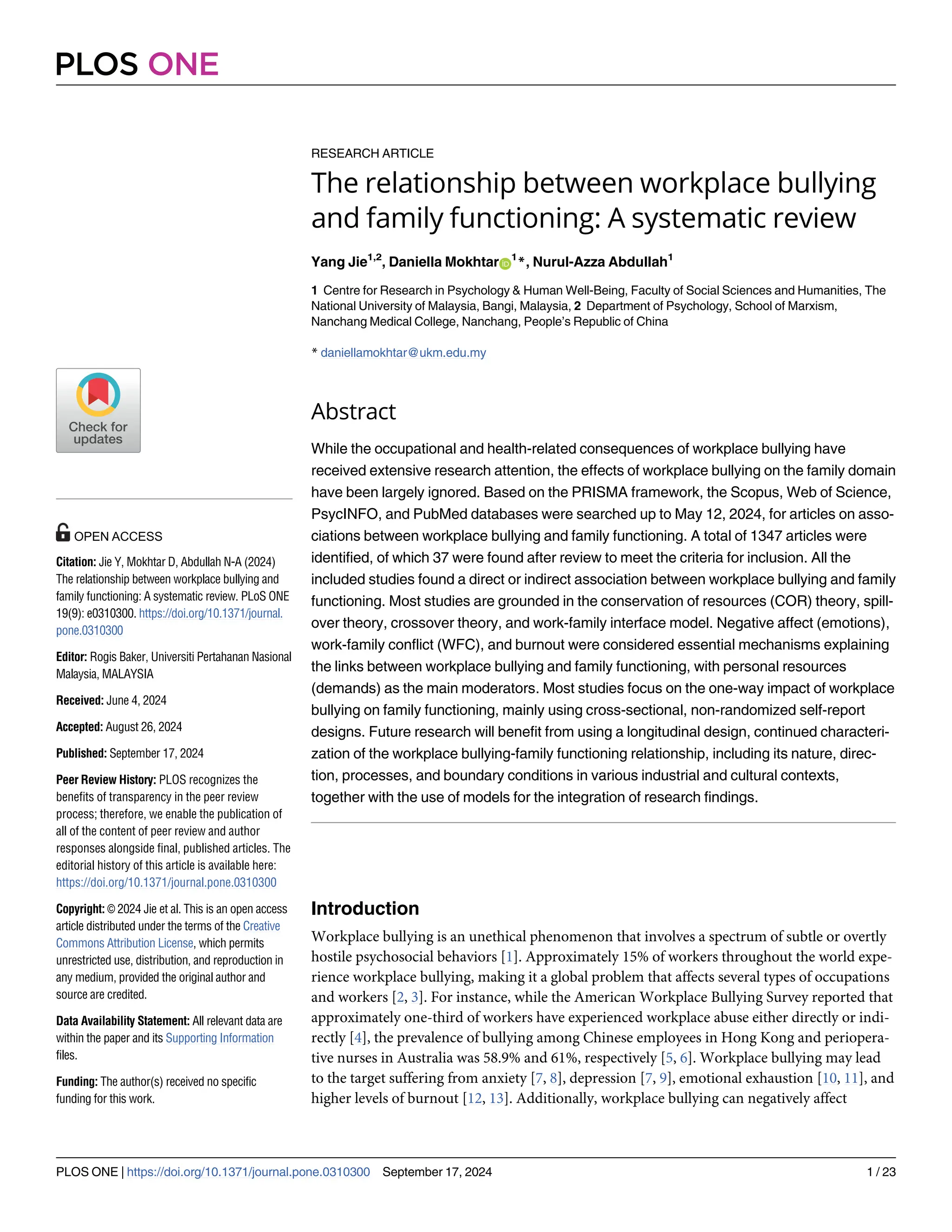 The relationship between workplace bullying and family functioning: A ...