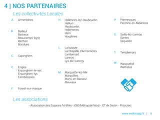 www.walkinapp.fr |
4 | NOS PARTENAIRES
Les collectivités Locales
6
B.
C.
A.
W.
M.
L.
T.
S.
F.
P.H.
E.
Armentières
Bailleul 
Baisieux 
Beaucamps-ligny 
Berthen 
Bondues
Capinghem
Englos 
Erquinghem-le-sec 
Erquinghem-lys 
Escobecques
Forest-sur-marque
Hallennes-lez-Haubourdin 
Halluin 
Haubourdin 
Hellemmes 
Hem  
Houplines
La bassée 
La Chapelle d'Armentières 
Lambersart 
Lannoy 
Lys-lez-Lannoy
Marquette-lez-lille 
Marquillies 
Mons-en-Baroeul 
Mouvaux
Prémesques 
Péronne-en-Mélantois
Sailly-lez-Lannoy 
Santes 
Sequedin
Templemars
Wasquehal 
Wattrelos
- Association des Espaces Fortiﬁés - GB9 Métropole Nord - OT de Seclin - Proscitec
Les associations
 