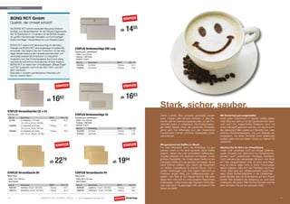 Postversand



     BONG RCT GmbH:
     Qualität, die Umwelt schützt!
     Die BONG RCT GmbH produziert Recycling-Briefum-
     schläge und Versandtaschen für die Staples Eigenmarke.
     Mit 18 Standorten in 13 Ländern ist die BONG-Gruppe
                                                                                                                                               ab      1455
     ein großer internationaler Hersteller von hochwertigen
     Briefumschlägen, Versandtaschen und Verpackungen.

     BONG RCT übernimmt Verantwortung für die Natur.
     Deshalb hat BONG RCT eine langfristige Umweltpolitik                       STaPlES Briefumschläge DIN lang
     entwickelt. Das beginnt bei der Produktion mit der stän-                   Recycling grau, selbstklebend.
     digen Modernisierung der Herstellungsmethoden, um                          · Größe: 110 x 220 mm
     nachhaltig belastende Emissionen zu reduzieren.                            · Packung: 1.000 Stück
     Zusätzlich wird das Produktangebot durch eine stetig                       · Gewicht: 75 g/m²
     wachsende Auswahl an ökologischen Artikeln ergänzt.                         Best.-Nr.       Beschreibung                              MM/VE       Preis 1 PG
     BONG RCT ist neben den Umweltsiegeln „Blauer Engel“                         1BL9210601      mit Fenster                               1 Packung        16,11
     und FSC zusätzlich noch mit der ISO 14001 und ISO                           1BL9200552      ohne Fenster                              1 Packung        14,55
     9001 zertifiziert.
     Dies alles in unserem gemeinsamen Interesse zum
     Schutz unserer Natur!




                                                      ab   16      63                                                                          ab      1663
                                                                                                                                                                         ,       ,
                                                                                                                                                                    Stark, sicher, sauber.
STaPlES Versandtaschen C5 + C4
Recycling-grau.                                                                 STaPlES Briefumschläge C6                                                           Damit in einem Büro produktiv gearbeitet werden            Mit Sicherheit gut ausgestattet
 Best.-Nr.        Beschreibung                         MM/VE       Preis 1 PG   Recycling-grau, selbstklebend.                                                      kann, müssen viele Faktoren stimmen. In allen Be-          Einen guten Geschmack in Sachen Kaffee haben
 1BL18008         C5 selbstklebend, mit Fenster,       1 Packung        20,79   · Größe: 114 x 162 mm
                                                                                                                                                                    reichen gibt es Optimierungspotenziale, um die Pro-        viele. Aber wie sieht es mit der Sicherheit Ihrer Hard-
                  162 x 229 mm, 80 g/m², 500 Stück                              · Packung: 1.000 Stück
                                                                                · Gewicht: 75 g/m²                                                                  duktivität weiter zu verbessern. Als Rundumversor-         ware aus? Ein ungesichertes Notebook kann mit
 1BL9800096       C5 nassklebend, ohne Fenster,        1 Packung       18,71
                  162 x 229 mm, 80 g/m², 500 Stück                               Best.-Nr.       Beschreibung                              MM/VE       Preis 1 PG
                                                                                                                                                                    ger bietet Staples Ihnen die passenden Produkte,           einem Handgriff gestohlen werden und taucht nur in
 1BL9830957       C4 nassklebend, ohne Fenster,        1 Packung       16,63     1BL9104528      mit Fenster                               1 Packung        17,67   damit sich Ihre Mitarbeiter auf das Wesentliche            den seltensten Fällen wieder auf. Bedenkt man, dass
                  229 x 324 mm, 100 g/m², 250 Stück                              1BL9103355      ohne Fenster                              1 Packung        16,63   konzentrieren können und ihren Arbeitsplatz positiv        effektive Sicherheitssysteme, wie zum Beispiel von
                                                                                                                                                                    wahrnehmen.                                                Kensington, nur einen Bruchteil eines Notebooks
                                                                                                                                                                                                                               kosten, sollte man auf diesen Schutz auf keinen Fall
                                                                                                                                                                                                                               verzichten.
                                                                                                                                                                    Morgenstund hat Kaffee im Mund
                                                                                                                                                                    Für viele Mitarbeiter kann ein Arbeitstag nur gut          Machen Sie Ihr Büro zur Umweltzone
                                                                                                                                                                    werden, wenn er mit einer leckeren Tasse Kaffee            Leider sind Langfinger nicht die einzige Gefahren-
                                                                                                                                                                    beginnt. Neben den weit verbreiteten Kaffeevollau-         quelle. Wussten Sie, dass nicht nur Dieselmotoren,
                                                                                                                                                                    tomaten erfreuen sich Systeme mit Kapseln immer            sondern auch Laserdrucker Feinstaub freisetzen?

                                                       ab     2279                                                                    ab    1994                    größerer Beliebtheit. Der Vorteil dieser Geräte ist ihre
                                                                                                                                                                    kompakte Größe und der geringe Lärmpegel, da sie
                                                                                                                                                                    keine Bohnen mahlen. Das macht die Maschinen
                                                                                                                                                                                                                               Doch während den vierrädrigen Stinkern vom Staat
                                                                                                                                                                                                                               ein Filter vorgeschrieben wird, ist solch eine Rege-
                                                                                                                                                                                                                               lung für Büros leider nicht in Sicht. Forschungen
                                                                                                                                                                    zur idealen Ausstattung für kleinere Büros. Und in         haben ergeben, dass sich der Feinstaub kaum aus
                                                                                                                                                                    großen Abteilungen kann eine eigene Maschine so            Toner, dafür aber aus Ultrafeinpartikeln zusammen-
STaPlES Versandtasche B5                                                        STaPlES Versandtasche B4                                                            manchen langen Weg zum Kaffeeautomaten ein-                setzt. Diese Partikel entstehen in der Fixiereinheit –
Natron braun.                                                                   Natron braun.                                                                       sparen. Das Tolle an der Kapsel-Technik: Mit jeder         jenem Bauteil, das die Tonerteilchen auf dem Papier
· Größe: 176 x 250 mm                                                           · Größe: 250 x 353 mm                                                               Tasse kann man sich für einen anderen Geschmack            bindet. Wie schädlich die Belastung ist, wird noch
· Ohne Fenster                                                                  · Ohne Fenster
                                                                                                                                                                    entscheiden: Caffè Crema oder Espresso? Entkoffei-         untersucht. Mit einem Filter für Ihre Drucker sind Sie
 Best.-Nr.        Beschreibung                         MM/VE       Preis 1 PG    Best.-Nr.       Beschreibung                              MM/VE       Preis 1 PG   niert oder stark? Ausgewogen oder aromatisch? Sie          aber auf jeden Fall auf der sauberen Seite.
 1BL9810091       nassklebend, 90 g/m², 500 Stück      1 Packung        23,91    1BL9840560      nassklebend, 110 g/m², 250 Stück          1 Packung        22,87   haben die Wahl!
 1BL9812214       selbstklebend, 90 g/m², 500 Stück    1 Packung        22,79    1BL9841922      selbstklebend, 110 g/m², 250 Stück        1 Packung        19,94



10                                              STAPLES LIFE JOURNAL 04/2011 • www.staplesadvantage.de                                                                                                                                                                                   11
 