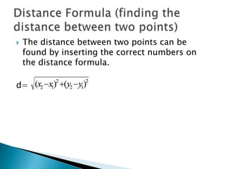 The distance between two points can be found by inserting the correct numbers on the distance formula.d=Distance Formula (finding the distance between two points)