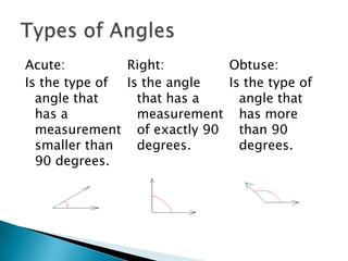 Acute:Is the type of angle that has a measurement smaller than 90 degrees.Right:Is the angle that has a measurement of exactly 90 degrees.Obtuse:Is the type of angle that has more than 90 degrees.Types of Angles