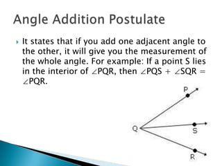 It states that if you add one adjacent angle to the other, it will give you the measurement of the whole angle. For example: If a point S lies in the interior of ∠PQR, then ∠PQS + ∠SQR = ∠PQR.Angle Addition Postulate