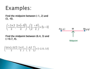 Examples:Find the midpoint between (–1, 2) and (3, –6). 	Find the midpoint between (6.4, 3) and (–10.7, 4).