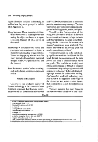 246 / Reading Improvement
ing of all majors included in the study, as
well as how they were grouped is includ-
ed in Appendix B.
Visual learners: Those students who iden-
tified themselves as learning best when
seeing the object or theme or a repre-
sentation therein of what is being
discussed.
Technology in the classroom: Visual and
electronic instruments used to further a
student's understanding of a given topic.
The technology group referred to in this
study includes PowerPoint, overhead
images, VHS/DVD presentations, and
the Internet.
Year: Refers to a student's class standing,
such as freshman, sophomore, junior, or
senior.
Results and Analysis:
Generally, the students surveyed
favored technology in the classroom. Most
felt that it improved their learning experi-
ence with the use of Microsoft PowerPoint
and VHS/DVD presentations as the most
popular ways to convey messages. The data
was broken down into more specific cate-
gories including gender, major, and year.
To address the first question of the
study, that of whether there is a difference
between male and female college students
and their respective feelings about tech-
nology in the classroom, the sum of each
student's responses were analyzed. The
results included the following: (For full
results, consult Appendix A.)
The results turned out to be statistical-
ly significant at neither the 1 % nor the 5%
level. In fact, the comparison of the data
proves that there is little difference based
on gender. The result is not terribly sur-
prising considering it is difficult to imagine
a reason as to why college-age men would
respond to technology differently than col-
lege-age women in a classroom setting.
One's comfort level with technology may
play a part in the appeal of technology in
the classroom. Yet, as this control shows,
that comfort level is not dependent upon
gender.
The next question this study hoped to
answer concerned the effect of one's aca-
Chart 2
Chart 2 — Results of controlling the survey for gender*
Average male score: 23.91
Standard Deviation, male: 6.783
n-male: 35
Average female score: 24.535
Standard Deviation, female: 5.45
n-female: 112
t-stat for comparing the two data sets: 0.487955
p-stat for comparing the two data sets: 0.62779
degrees of freedom used: 48.23
*nole: l-statistical-tests were used for each data set because af)er analyzing the means and standard deviations of each, it was
deterniined that neither the distributions nor variances of eaeh were too different from one another.
 