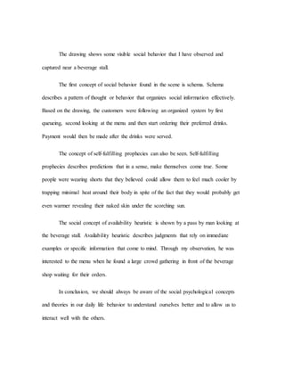 The drawing shows some visible social behavior that I have observed and
captured near a beverage stall.
The first concept ...