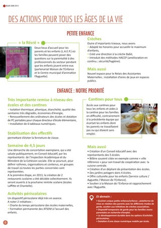 BILAN 2008-2014

DES ACTIONS POUR TOUS LES ÂGES DE LA VIE
PETITE ENFANCE

crèches

« la Récré »
Deux lieux d’accueil pour les
parents et les enfants (L.a.e.P.) où
les familles peuvent poser des
questions sur la parentalité à des
professionnels du secteur pendant
que les enfants jouent entre eux
(partenariat maison de l’enfance
et le centre municipal d’animation
l’ayguette).

Outre d’importants travaux, nous avons
• adapté les horaires pour accueillir le maximum
d’enfants,
• créé une direction à la crèche Babil,
• introduit des méthodes haccP (amélioration en
continu ; sécurité/hygiène).

mais aussi
nouvel espace pour le relais des assistantes
maternelles ; installation d’aires de jeux en espaces
publics.

ENFANCE : NOTRE PRIORITÉ
très importante remise à niveau des
écoles et des cantines
• isolation thermique, phonique, étanchéité, qualité des
sanitaires très dégradés, économies d’énergie,
• renouvellement des ordinateurs des écoles et dotation
de Pc portables pour chaque directeur d’école élémentaire,
• installation de 6 tableaux numériques.

stabilisation des eﬀectifs

cantines pour tous
accès aux cantines pour
tous les enfants et aides à
la cantine pour les familles
en diﬃculté, contrairement
à la précédente équipe qui
écartait les enfants dont
les parents ne travaillaient
pas ou qui étaient sans
emploi.

permettant d’éviter la fermeture de classe.

semaine de 4,5 jours
Une démarche de concertation exemplaire, qui a été
saluée publiquement, en conseil éducatif, par les
représentants de l’inspection académique et du
ministère de la cohésion sociale. elle se poursuit, pour
déﬁnir rythmes, organisations et contenus, en groupes
de travail où toutes les parties concernées sont
représentées.
a la première étape, en 2013, la création de 2
restaurants scolaires a été décidée collectivement. ils
seront ouverts à la prochaine rentrée scolaire (écoles
Laﬃtte et chantelle).

activités périscolaires
Un dispositif périscolaire déjà très en avance.
a noter 2 initiatives :
• charte du temps périscolaire des écoles maternelles,
• Formation permanente des aTsem à l’accueil des
enfants.

6

mais aussi
• création d’un conseil éducatif avec des
représentants des 5 écoles.
• Billère souvent citée en exemple comme « ville
référence » pour son travail de coopération avec la
cuisine centrale.
• création d’un dépliant de présentation des écoles.
• Des jardins potagers dans 4 écoles.
• Oﬀre culturelle pour les enfants (service culture /
ayguette / maison de l’enfance).
• soutien à la maison de l’enfance et rapprochement
avec l’ayguette.

Et demain :
• guichet unique petite enfance/enfance ; plateforme de
mise en relation des parents avec les diﬀérents modes de
garde, soutien aux initiatives de crèches associatives.
• Dispositif temporaire de garde pour les familles monoparentales en recherche d’emploi.
• Le développement durable dans les options d’activités
périscolaires.
• Dotation d'une classe numérique mobile par école.

 