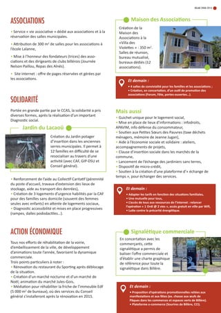 BILAN 2008-2014

maison des associations

ASSOCIATIONS
• service « vie associative » dédié aux associations et à la
réservation des salles municipales.
• attribution de 300 m2 de salles pour les associations à
l’école Lalanne,
• mise à l’honneur des fondateurs (trices) des associations et des dirigeants de clubs billérois (Journée
nelson Paillou, repas des aînés).
• site internet : oﬀre de pages réservées et gérées par
les associations.

création de la
maison des
associations à la
«Villa des
Violettes » : 350 m2.
salles de réunion,
bureau mutualisé,
bureaux dédiés (12
associations).

Et demain :
• 4 salles de convivialité pour les familles et les associations ;
• création, en concertation, d’un outil de promotion des
associations (Forum, Fête, portes-ouvertes…).

SOLIDARITÉ
Portée en grande partie par le ccas, la solidarité a pris
diverses formes, après la réalisation d’un important
Diagnostic social.

Jardin du Lacaoü
création du Jardin potager
d’insertion dans les anciennes
serres municipales. il permet à
12 familles en diﬃculté de se
resocialiser au travers d’une
activité (avec caF, GiP-DsU et
conseil général).
• renforcement de l’aide au collectif caritatif (pérennité
du poste d’accueil, travaux d’extension des lieux de
stockage, aide au transport des denrées),
• création de 3 logements d’urgence habilités par la caF
pour des familles sans domicile (souvent des femmes
seules avec enfants) en attente de logements sociaux,
• Diagnostic accessibilité et mises en place progressives
(rampes, dalles pododactiles…).

ACTION ÉCONOMIQUE
Tous nos eﬀorts de réhabilitation de la voirie,
d’embellissement de la ville, de développement
d’animations toute l’année, favorisent la dynamique
commerciale.
Trois points particuliers à noter :
• rénovation du restaurant du sporting après déblocage
de la situation.
• création d'un marché nocturne et d'un marché de
noël; animation du marché Jules-Gois,
• médiation pour réhabiliter la friche de l’immeuble edF
(5 000 m2 de bureaux), où des services du conseil
général s'installeront après la rénovation en 2015.

mais aussi
• Guichet unique pour le logement social,
• mise en place de lieux d’informations : infodroits,
aPaVim, info défense du consommateur,
• soutien aux Petites sœurs des Pauvres (taxe déchets
ménagers, mémoire de Jeanne Jugan),
• aide à l’économie sociale et solidaire : ateliers,
accompagnements de projets,
• clause d’insertion sociale dans les marchés de la
commune,
• Lancement de l’échange des jardiniers sans terres,
• Dispositif de micro-crédit,
• soutien à la création d’une plateforme d’« échange de
temps », pour échanger des services.

Et demain :
• adapter les tarifs en fonction des situations familiales,
• une mutuelle pour tous,
• L’accès de tous aux ressources de l’internet : relancer
l’opération « 1 ordi @ 2 vies », accès gratuit en ville par Wiﬁ,
• Lutte contre la précarité énergétique.

signalétique commerciale
en concertation avec les
commerçants, cette
signalétique a permis de
baliser l’oﬀre commerciale et
d’établir une charte graphique
de référence pour toute la
signalétique dans Billère.

Et demain :
• proposition d’opérations promotionnelles reliées aux
manifestations et aux fêtes (ex. chasse aux œufs de
pâques dans les commerces et espaces verts de Billère).
• plateforme e-commerce (sourires de Billère, cci).

 