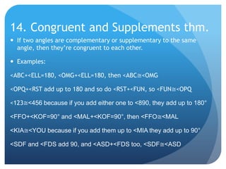 14. Congruent and Supplements thm.If two angles are complementary or supplementary to the same angle, then they’re congruent to each other.Examples:<ABC+<ELL=180, <OMG+<ELL=180, then <ABC≅<OMG<OPQ+<RST add up to 180 and so do <RST+<FUN, so <FUN≅<OPQ<123≅<456 because if you add either one to <890, they add up to 180°<FFO+<KOF=90° and <MAL+<KOF=90°, then <FFO≅<MAL<KIA≅<YOU because if you add them up to <MIA they add up to 90°<SDF and <FDS add 90, and <ASD+<FDS too, <SDF≅<ASD