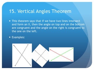 15. Vertical Angles TheoremThis theorem says that if we have two lines intersect and form an X, then the angle on top and on the bottom are congruent and the angle on the right is congruent to the one on the left.Examples: