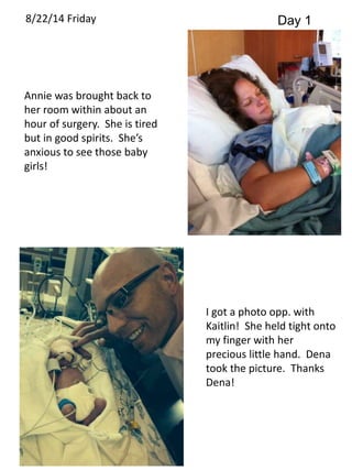 8/22/14 Friday Day 1 
Annie was brought back to 
her room within about an 
hour of surgery. She is tired 
but in good spirits. She’s 
anxious to see those baby 
girls! 
I got a photo opp. with 
Kaitlin! She held tight onto 
my finger with her 
precious little hand. Dena 
took the picture. Thanks 
Dena! 
 