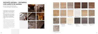 108 109
E13 Gray Canyon Oak
E13 Gray canyon oak
ENCANTO NATURAL – ENCIMERAS
CON ASPECTO DE MADERA
ЕСТЕСТВЕННАЯ КРАСОТА –
СТОЛЕШНИЦЫ ПОД ДЕРЕВО
La encimera debe ser como la cocina. En este caso:
cálida y acogedora. Las diferentes apariencias de
madera proporcionan un ambiente agradable a su
gusto.
Nuestras encimeras disponen de muchos grosores.
Más exactamente: 25, 40 o 50 mm. Naturalmente
han sido trabajadas con gran calidad y el máximo
requisito de diseño y en una variada selección
de colores universales, en apariencias de madera
o piedra.
Какова столешница, такова и кухня. В данном
случае это означает: тепло и уют. Различные
имитации дерева создают уютную атмосферу в
соответствии с вашими предпочтениями.
У наших столешниц разная толщина. Если быть
точным, 25, 40 или 50мм. Само собой разумеет-
ся, они прошли высококачественную обработ-
ку, соответствуют самым высоким требованиям
в отношении дизайна и предлагаются разных
универсальных цветов, а также из искусствен-
ного дерева или камня.
E27 Roble nudoso natural
Дуб сучковатый
E28 Roble silvestre rústico
Дуб дикий рустикальный
E29 Roble nudoso platino
Дуб сучковатый платиновый
A22 Nogal real
Лещина королевская
A23 Nogal cuba
Лещина «Куба»
A27 Noce Amador
Грецкий орех «Амадор»
E23 Roble Chalet
Дуб «Шале»
U10 Olmo de la Provence
Прованский вяз
A16 Acacia sabana
Акация «Саванна»
E20 Roble plata polar
Дуб «Полярное серебро»
S48 Alerce Alaska
Лиственница «Аляска»
R20 Rustica oscuro
Рустикальный темный
T 23 Madera flotante
Сплавная древесина
E25 Aserrado áspero
Kansas Oak
Канзасский дуб
нестроганый
E26 Nordic Oak
Скандинавский дуб
E21 Roble de pantano
encalado
Мореный дуб,
патинированный
E14 Roble plateado humo
Мореный дуб,
патинированный
A20 Madera vieja oscura
Спелая древесина,
темная
A19 Madera vieja clara
Спелая древесина, светлая
 