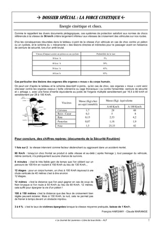 7
DOSSIER SPÉCIAL : LA FORCE CINETIQUE
Energie cinétique et chocs.
« Le Journal de Laurence » Libre de tous droits – ALF
Comme le rappellent les divers documents pédagogiques, ces systèmes de protection satisfont aux normes de chocs
référencés à la vitesse de 56 km/h critère largement inférieur aux vitesses de croisement des véhicules sur nos routes.
D'où les conséquences résumées dans le tableau ci-joint de la vitesse d'un véhicule en cas de choc contre un piéton
ou un cycliste, et le schéma du « mécanisme » des lésions directes et indirectes pour le passager avant en l'absence
de ceinture de sécurité, lors d'un arrêt brutal.
Cas particulier des lésions des organes dits organes « mous » du corps humain.
On peut voir d'après le tableau et le schéma descriptif ci-joints.. qu'en cas de choc, ces organes « mous » vont venir
s'écraser contre les organes osseux ( boîte crânienne ou cage thoracique ) ou contre l'ensemble: ceinture de sécurité
et « airbags », avec une force d'inertie équivalente au poids de l'organe multiplié sensiblement par 16,5 à 60 km/h et
sensiblement par 28 à 100 Km/h.
Pour conclure, des chiffres repères: (documents de la Sécurité Routière)
1 fois sur 2 : la vitesse intervient comme facteur déclenchant ou aggravant dans un accident mortel.
80 Km/h : lorsqu'un choc frontal se produit à cette vitesse et au-delà ( après freinage ), tout passager du véhicule,
même ceinturé, n'a pratiquement aucune chance de survivre.
6 minutes : c'est le très faible gain de temps que l'on obtient sur un
parcours de 100 Km en roulant à 150 Km/h au lieu de 130 Km/h...
12 étages : pour un corps humain, un choc à 100 Km/h équivaut à une
chute verticale de 40 mètres c'est à dire environ
12 étages.
12 mètres : c'est la distance que l'on peut gagner en cas de coup de
frein brusque si l'on roule à 50 Km/h au lieu de 60 Km/h. 12 mètres,
cela suffit pour épargner la vie d'un piéton !
100 à 150 mètres: c'est la distance que des feux de croisement bien
réglés peuvent éclairer. Mais à 130 Km/h, la nuit, cela ne permet pas
de freiner à temps devant un obstacle imprévu.
3 à 4 % : c'est le taux de victimes épargnées lorsque la vitesse moyenne pratiquée, baisse de 1 Km/h.
François HARSANY - Claude MARANGE
Vitesse d'impact contre un piéton ou un cycliste Probabilité de le tuer
30 km / h 5%
50 km / h 45%
60 km/ h 85%
40 km / h 30%
Viscères
Masse (Kg) chez
un sujet immobile
A 60 Km/h A 100 Km/h
Cerveau 1,7 28 48
Rein - Cœur 0,3 5 8
Rate 0,15 2,53 4,2
Pancréas 0,07 1,18 1,9
Foie 1,5 25,33 42
Masse (Kg) équivalente
 