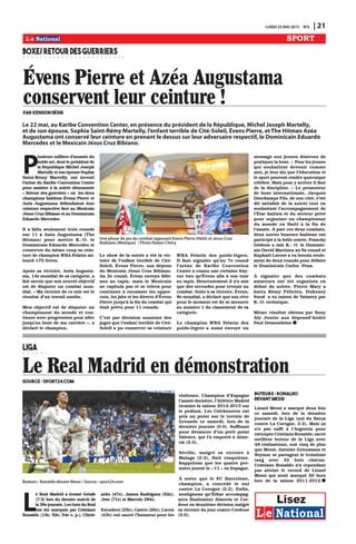 LUNDI 25 MAI 2015 N0
4 | 21
Évens Pierre et Azéa Augustama
conservent leur ceinture !par Kenson Désir
SPORT
P
lusieurs milliers d’amants du
noble art, dont le président de
la République Michel Joseph
Martelly et son épouse Sophia
Saint-Rémy Martelly, ont investi
l’arène du Karibe Convention Center
pour assister à la soirée dénommée
« Retour des guerriers » où les deux
champions haïtiens Évens Pierre et
Azéa Augustama défendaient leur
ceinture respective face au Mexicain
Jésus Cruz Bibiano et au Dominicain
Eduardo Mercedes.
Il a fallu seulement trois rounds
sur 11 à Azéa Augustama (The
Hitman) pour mettre K.-O. le
Dominicain Eduardo Mercedes et
conserver du même coup sa cein-
ture de champion WBA Felatin mi-
lourd 175 livres.
Après sa victoire, Azéa Augusta-
ma, 14e mondial de sa catégorie, a
fait savoir que son nouvel objectif
est de disputer un combat mon-
dial. « Ma victoire de ce soir est le
résultat d’un travail assidu.
Mon objectif est de disputer un
championnat du monde et con-
tinuer avec progression pour aller
jusqu’au bout de ma carrière », a
déclaré le champion.
Le show de la soirée a été la vic-
toire de l’enfant terrible de Cité-
Soleil, Évens Pierre, aux dépens
du Mexicain Jésus Cruz Bibiano.
Au 2e round, Évens envoya Bibi-
ano au tapis, mais le Mexicain
ne capitula pas et se releva pour
continuer à encaisser les upper-
cuts, les jabs et les directs d’Évens
Pierre jusqu’à la fin du combat qui
était prévu pour 11 rounds.
C’est par décision unanime des
juges que l’enfant terrible de Cité-
Soleil a pu conserver sa ceinture
WBA Felatin des poids-légers.
Il faut signaler qu’au 7e round
l’arène de Karibe Convention
Center a connu une certaine fray-
eur lors qu’Évens alla à son tour
au tapis. Heureusement il n’a mis
que des secondes pour revenir au
combat. Suite à sa victoire, Évens,
8e mondial, a déclaré que son rêve
pour le moment est de se mesurer
au numéro 1 du classement de sa
catégorie.
Le champion WBA Felatin des
poids-légers a aussi envoyé un
message aux jeunes désireux de
pratiquer la boxe. « Pour les jeunes
qui souhaitent devenir comme
moi, je leur dis que l’éducation et
le sport peuvent rendre quiconque
célèbre. Mais pour y arriver il faut
de la discipline. » Le promoteur
de boxe internationale, Jacques
Deschamps Fils, de son côté, s’est
dit satisfait de la soirée tout en
souhaitant l’accompagnement de
l’État haïtien et du secteur privé
pour organiser un championnat
du monde en Haïti à la fin de
l’année. À part ces deux combats,
deux autres boxeurs haïtiens ont
participé à la belle soirée. Francky
Gédeon a mis K.- O. le Dominic-
ain David Martinez au 6e round et
Raphaël Larose a eu besoin seule-
ment de deux rounds pour défaire
le Dominicain Carlos Pena.
À signaler que des combats
amateurs ont été organisés en
début de soirée. Pierre Mary a
battu Rémy Félicien. Dukeney
Snod a eu raison de Valmery par
K.-O. technique.
Même résultat obtenu par Sony
Aly Junior aux dépensd’André
Paul Démosthène.
BOXE/RETOURDESGUERRIERS
Le 22 mai, au Karibe Convention Center, en présence du président de la République, Michel Joseph Martelly,
et de son épouse, Sophia Saint-Rémy Martelly, l’enfant terrible de Cité-Soleil, Évens Pierre, et The Hitman Azéa
Augustama ont conservé leur ceinture en prenant le dessus sur leur adversaire respectif, le Dominicain Eduardo
Mercedes et le Mexicain Jésus Cruz Bibiano.
LIGA
Le Real Madrid en démonstrationSource : sport24.com
Buteurs : Ronaldo devant Messi / Source : sport24.com
L
e Real Madrid a écrasé Getafe
(7-3) lors du dernier match de
la 38e journée. Les buts du Real
ont été marqués par Cristiano
Ronaldo (13e, 32e, 34e s. p.), Chich-
arito (47e), James Rodriguez (52e),
Jese (71e) et Marcelo (90e).
Escudero (23e), Castro (26e), Lacen
(43e) ont sauvé l’honneur pour les
visiteurs. Champion d’Espagne
l’année dernière, l’Atlético Madrid
termine la saison 2014-2015 sur
le podium. Les Colchoneros ont
pris un point sur le terrain de
Grenade ce samedi, lors de la
dernière journée (0-0). Suffisant
pour devancer d’un petit point
Valence, qui l’a emporté à Alme-
ria (2-3).
Séville, malgré sa victoire à
Malaga (2-3), finit cinquième.
Rappelons que les quatre pre-
miers jouent la « C1 » en Espagne.
À noter que le FC Barcelone,
champion, a concédé le nul
contre La Corogne (2-2). Enfin,
soulignons qu’Eibar accompag-
nera finalement Almeria et Cor-
doue en deuxième division malgré
sa victoire du jour contre Cordoue
(3-0).
Buteurs : Ronaldo
devant Messi
Lionel Messi a marqué deux fois
ce samedi, lors de la dernière
journée de la Liga (nul du Barça
contre La Corogne, 2-2). Mais ça
n’a pas suffi à l’Argentin pour
rattraper Cristiano Ronaldo, sacré
meilleur buteur de la Liga avec
48 réalisations, soit cinq de plus
que Messi. Antoine Griezmann et
Neymar se partagent le troisième
rang avec 22 buts chacun.
Cristiano Ronaldo n’a cependant
pas atteint le record de Lionel
Messi qui avait marqué 50 buts
lors de la saison 2011-2012.
Une phase de jeu du combat opposant Evens Pierre (Haiti) et Jesus Cruz
Biabiano (Mexique) / Photo Ruben Chéry
 