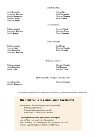 Du nouveau à la commission formation
Vous souhaitez des informations sur les possibilités
   - de faire des formations
   - de vous impliquer comme bénévole
   - de rejoindre la commission formation

La permanence le lundi après-midi n'existe plus
Lina ou Yann vous reçoivent à l'association
Merci de laisser vos coordonnées à une permanence d'accueil
Ils vous rappelleront pour fixer un rendez-vous.
 