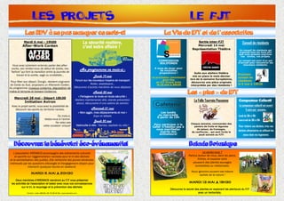 2
2
Découvrez le bénévolat éco-événementiel
Mardi 6 mai - 19h00
After-Work Coréen
Vous avez sûrement entendu parler des after-
works, ces rendez-vous de début de soirée, ces
"before" qui font la transition entre la journée de
travail et la soirée, sage ou endiablée...
Pour fêter son départ, Dongki, résident originaire
de Corée du Sud, proposera un Afterwork Coréen.
Au programme: musique coréenne, dégustation de
makis et tempras et boisson Coréenne.
Mercredi 28 mai - Départ 18h30
Initiation Aviron
Avec le projet santé, vous avez la possibilité de
découvrir les sports du territoire nantais.
Ce mois-ci,
testez-vous à l’aviron.
Ne ratez pas
cette occasion unique!
Les RDV à ne pas manquer ce mois-ci
LES PROJETS
Au programme ce mois-ci :
Lundi 19 mai
Forum sur les nouveaux moyens de transport
Roller, skateboard…
Découvrez d’autres manières de vous déplacer
Mardi 20 mai
« Partageons la route en toute sécurité »
Ateliers maintenance vélo, stands prévention
alcool, découverte d’une cabine de camion
Mercredi 21 mai
« Mon agglo, mes déplacements et moi »
Expo et débats
Jeudi 22 mai
Vadrouille à vélo : Nantes, capitale du vélo !
L'association AREMACS accompagne des évènements culturels
et sportifs sur l'agglomération nantaise pour le tri des déchets
et la sensibilisation des publics. Elle recherche des jeunes bénévoles
intéressés par les questions d'écologie et d'engagement citoyen pour
intervenir quelques heures en weekend.
Deux membres d’AREMACS viendront au FJT vous présenter
les activités de l'association et tester avec vous vos connaissances
sur le tri, le recyclage et la prévention des déchets
Contact : Julien ABIVEN, 06 78 48 54 09 / www.aremacs.com
3
3
Les « plus » du FJT
Balade Botanique
La Vie du FJT et de l’association
Les lundis
ou mercredis
À partir de 19h
Pour participer à la
Cafet’ n’hésitez pas à
vous manifester
auprès des
animateurs!
La Folle Tournée Paysanne
Chaque semaine, commandez des
paniers de fruits et légumes
de saison, de fromages,
de confitures… qui sont livrés le
jeudi suivant au FJT!
LE FJT
COMMISSION
SOLIFONDS
A vous de jouer pour
de nouvelles
propositions !
La prochaine commission
aura lieu
au FJT Grand Voile
le 15 mai à 20h30
Conseil de résidents
Un conseil de résidents est
organisé tous les mois afin
que vous puissiez exprimer
vos envies, vos projets.
Le conseil est suivi d’un pot
d’accueil pour rencontrer les
nouveaux résidents.
Prochain
conseil de
résidents
le 5 mai à 19h30
Le composteur collectif est ouvert
2 soirs par semaine :
- lundi de 18h à 19h
- mercredi de 18h à 19h
Pour réduire vos déchets, triez vos
déchets alimentaires en utilisant les
seaux dans vos logements.
Composteur Collectif
Sortie inter-FJT
Mercredi 14 mai
Représentation Théâtre
Suite aux ateliers théâtre
mis en place le mois dernier
lors de la semaine Européenne,
découvrez une pièce originale
interprétée par des résidents !
Le saviez-vous ?
Partout autour de nous, dans les parcs,
friches, et espaces verts
poussent des plantes sauvages
comestibles ou médicinales.
Nous ignorons souvent ces trésors
cachés de la nature !
Découvrez le secret des plantes en explorant les alentours du FJT
avec un herboriste.
 