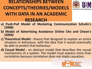 RELATIONSHIPS BETWEEN
 CONCEPTS/THEORIES/MODELS
  WITH DATA IN AN ACADEMIC
          RESEARCH
a) Push-Pull Model of Marketing Communication Schultz's
   (2008)
b) Model of Advertising Avoidance Online Cho and Cheon's
   (2004)
c) Theoretical Model - theory that designed to explain an entire
   situation or behaviour, with the idea that it would eventually
   be able to predict that behaviour.
d) Causal Model - an abstract model that describes the causal
   mechanisms of a system. The model must express more than
   correlation because correlation does not imply causation.
 