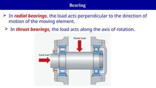 Bearing
 In radial bearings, the load acts perpendicular to the direction of
motion of the moving element.
 In thrust bearings, the load acts along the axis of rotation.
 