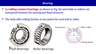 Bearing
 In rolling contact bearings, as shown in Fig, the steel balls or rollers, are
interposed between the moving and fixed elements.
 The balls offer rolling friction at two points for each ball or roller.
 