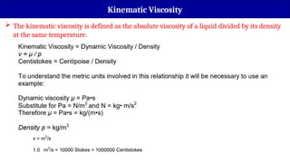  The kinematic viscosity is defined as the absolute viscosity of a liquid divided by its density
at the same temperature.
Kinematic Viscosity
 