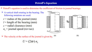 Petroff’s Equation
 Petroff’s equation is used to determine the coefficient of friction in journal bearings.
 A vertical shaft rotating in the bearing. The
following notations are used:
 The velocity at the surface of the journal is given by,
 