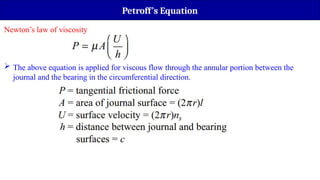 Petroff’s Equation
Newton’s law of viscosity
 The above equation is applied for viscous flow through the annular portion between the
journal and the bearing in the circumferential direction.
 