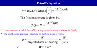 Petroff’s Equation
 Let us consider a radial force (W), acting on the bearing as shown in Fig.(b).
 The unit bearing pressure (p) acting on the bearing is given by
 