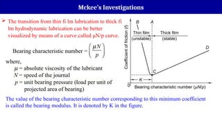 Mckee’s Investigations
 The transition from thin fi lm lubrication to thick fi
lm hydrodynamic lubrication can be better
visualized by means of a curve called μN/p curve.
The value of the bearing characteristic number corresponding to this minimum coefficient
is called the bearing modulus. It is denoted by K in the figure.
 