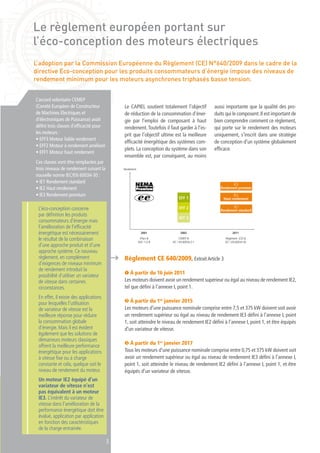 3
Le CAPIEL soutient totalement l’objectif
de réduction de la consommation d’éner-
gie par l’emploi de composant à haut
rendement.Toutefois il faut garder à l’es-
prit que l’objectif ultime est la meilleure
efficacité énergétique des systèmes com-
plets. La conception du système dans son
ensemble est, par conséquent, au moins
aussi importante que la qualité des pro-
duits qui le composent.Il est important de
bien comprendre comment ce règlement,
qui porte sur le rendement des moteurs
uniquement, s’inscrit dans une stratégie
de conception d’un système globalement
efficace.
Le règlement européen portant sur
l’éco-conception des moteurs électriques
L’accord volontaire CEMEP
(Comité Européen de Constructeur
de Machines Electriques et
d’électroniques de Puissance) avait
défini trois classes d’efficacité pour
les moteurs :
• EFF3 Moteur faible rendement
• EFF2 Moteur à rendement amélioré
• EFF1 Moteur haut rendement
Ces classes vont être remplacées par
trois niveaux de rendement suivant la
nouvelle norme IEC/EN 60034-30 :
• IE1 Rendement standard
• IE2 Haut rendement
• IE3 Rendement premium
2001 2011
EPact &
IEEE 112-B
2002
CEMEP &
IEC / EN 60034-2-1
Réglement (CE) &
IEC / EN 60034-30
Rendement
EFF 1
EFF 2
EFF 3
IE3
Rendement premium
IE2
Haut rendement
IE1
Rendement standard
Règlement CE 640/2009, ExtraitArticle 3
➊ à partir du 16 juin 2011
Les moteurs doivent avoir un rendement supérieur ou égal au niveau de rendement IE2,
tel que défini à l’annexe I, point 1.
➋ à partir du 1er
janvier 2015
Les moteurs d’une puissance nominale comprise entre 7,5 et 375 kW doivent soit avoir
un rendement supérieur ou égal au niveau de rendement IE3 défini à l’annexe I, point
1, soit atteindre le niveau de rendement IE2 défini à l’annexe I, point 1, et être équipés
d’un variateur de vitesse.
➌ à partir du 1er
janvier 2017
Tous les moteurs d’une puissance nominale comprise entre 0,75 et 375 kW doivent soit
avoir un rendement supérieur ou égal au niveau de rendement IE3 défini à l’annexe I,
point 1, soit atteindre le niveau de rendement IE2 défini à l’annexe I, point 1, et être
équipés d’un variateur de vitesse.
L’adoption par la Commission Européenne du Règlement (CE) N°640/2009 dans le cadre de la
directive Eco-conception pour les produits consommateurs d’énergie impose des niveaux de
rendement minimum pour les moteurs asynchrones triphasés basse tension.
3
L’éco-conception concerne
par définition les produits
consommateurs d’énergie mais
l’amélioration de l’efficacité
énergétique est nécessairement
le résultat de la combinaison
d’une approche produit et d’une
approche système. Ce nouveau
règlement, en complément
d’exigences de niveaux minimum
de rendement introduit la
possibilité d’utiliser un variateur
de vitesse dans certaines
circonstances.
En effet, il existe des applications
pour lesquelles l’utilisation
de variateur de vitesse est la
meilleure réponse pour réduire
la consommation globale
d’énergie. Mais il est évident
également que les solutions de
démarreurs moteurs classiques
offrent la meilleure performance
énergétique pour les applications
à vitesse fixe ou à charge
constante et cela, quelque soit le
niveau de rendement du moteur.
Un moteur IE2 équipé d’un
variateur de vitesse n’est
pas équivalent à un moteur
IE3. L’intérêt du variateur de
vitesse dans l’amélioration de la
performance énergétique doit être
évalué, application par application
en fonction des caractéristiques
de la charge entrainée.
 