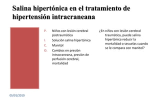 Salina hipertónica en el tratamiento de hipertensión intracraneana04/01/20107¿En niños con lesión cerebral traumática, puede salina hipertónica reducir la mortalidad o secuelas cuando se le compara con manitol?Niños con lesión cerebral postraumáticaSolución salina hipertónicaManitolCambios en presión intracraneana, presión de perfusión cerebral, mortalidad