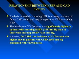 RELATIONSHIP BETWEEN HSBP AND CAD
EVENTS
 Analysis showed that morning HBP is a strong predictor of
future CAD events and may be superior to CBP or evening
HBP.
 The incidence of CAD events was significantly higher in
patients with morning HSBP ≥145 mm Hg than in
those with morning HSBP <125 mm Hg.
 However, for CSBP, the incidence of CAD events was
higher only in patients with CSBP ≥160 mm Hg
compared with <130 mm Hg.
 