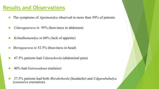 Results and Observations
 The symptoms of Agnimandya observed in more than 50% of patients
 Udaragaurava in 95% (heaviness in abdomen)
 Kshudhamandya in 60% (lack of appetite)
 Shirogaurava in 52.5% (heaviness in head)
 47.5% patients had Udarashoola (abdominal pain)
 40% had Gatrasadana (malaise)
 37.5% patients had both Shirahshoola (headache) and Udgarabahulya
(excessive eructation).
 