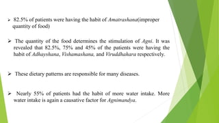  The quantity of the food determines the stimulation of Agni. It was
revealed that 82.5%, 75% and 45% of the patients were having the
habit of Adhayshana, Vishamashana, and Viruddhahara respectively.
 These dietary patterns are responsible for many diseases.
 Nearly 55% of patients had the habit of more water intake. More
water intake is again a causative factor for Agnimandya.
 82.5% of patients were having the habit of Amatrashana(improper
quantity of food)
 