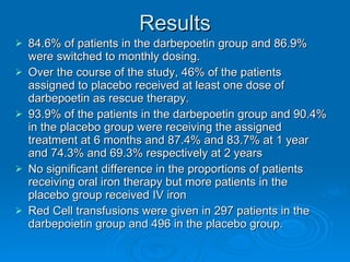 Results 84.6% of patients in the darbepoetin group and 86.9% were switched to monthly dosing. Over the course of the study, 46% of the patients assigned to placebo received at least one dose of darbepoetin as rescue therapy. 93.9% of the patients in the darbepoetin group and 90.4% in the placebo group were receiving the assigned treatment at 6 months and 87.4% and 83.7% at 1 year and 74.3% and 69.3% respectively at 2 years No significant difference in the proportions of patients receiving oral iron therapy but more patients in the placebo group received IV iron Red Cell transfusions were given in 297 patients in the darbepoietin group and 496 in the placebo group. 