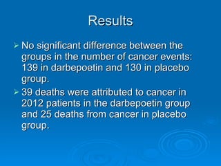 Results No significant difference between the groups in the number of cancer events: 139 in darbepoetin and 130 in placebo group. 39 deaths were attributed to cancer in 2012 patients in the darbepoetin group and 25 deaths from cancer in placebo group. 