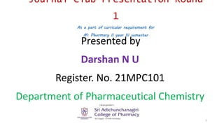 Journal Club Presentation-Round
1
As a part of curricular requirement for
M. Pharmacy II year III semester
Presented by
Darshan N U
Register. No. 21MPC101
Department of Pharmaceutical Chemistry
1
 