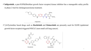 Infigratinib, a pan-FGFR(fibroblast growth factor receptor) kinase inhibitor has a manageable safety profile
in phase 2 trial for cholangiocarcinoma treatment.
2,4-Pyrimidine based drugs such as Rociletinib and Osimertinib are presently used for EGFR (epidermal
growth factor receptor) triggered NSCLC (non-small cell lung cancer).
5
 