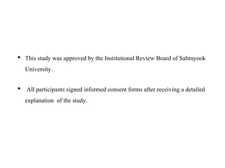 • This study was approved by the Institutional Review Board of Sahmyook
University.
• All participants signed informed consent forms after receiving a detailed
explanation of the study.
 