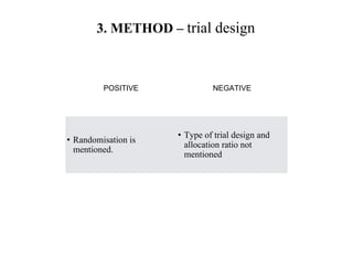 3. METHOD – trial design
POSITIVE NEGATIVE
• Randomisation is
mentioned.
• Type of trial design and
allocation ratio not
mentioned
 