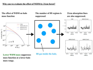 Why can we evaluate the effect of WDM by 21cm forest?
The effect of WDM on halo
mass function
The number of HI regions is
suppressed
HI gas inside the halo.
Lower WDM mass suppresses
mass function at a lower halo
mass range.
21cm absorption lines
are also suppressed.
z = 9
 
