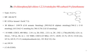 3b. (4-chlorophenyl)(6-chloro-1,2,3,4-tetrahydro-9H-carbazol-9-yl)methanone
• Yield : 55.23 % :
• MP : 260-262 0C
• Rf : 0.58 (n- hexanol : EtoAC 7:3):
• IR KBrcm-1 :3109.78 (C-H aromatic Stretching) ,2993.01(C-H aliphatic stretching),1748.12 ( C=O
stretching) ,1615.34 (C=C stretching Ar) ,780.15,736.12 (C-Cl stretching):
• 1 H NMR ( CDCl3, 400 MHz) : 2.10 ( m, 2H, CH2) , 2.32 ( m, 2H , CH2 ) ,3.78(m,4H,CH2), 6.24 ( m.
3H,Ar) , 7.89 (m, 4H, Ar ) : 13C NMR ( CDCl3,125 MHz) :119.71, 120.89, 121.74, 129.19, 133.84 (Ar),
167.16, 169.19, 171.15 ( tetrahydrocarbazole (Ar) , 192 .98 (C=O ): Em
• m/z 345.34
• ( C19H15Cl2NO):
23
N
Cl
O
Cl
 