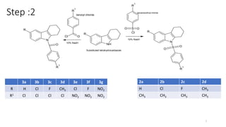 Step :2
NH
R
Substituted tetrahydrocarbazole
S
R
1
O O
Cl
N
R
S
O
O
R
1
N
R
O
R
1
Cl O
R
1
10% NaoH
10% NaoH
7
benzoyl chloride
benzenesulfonyl chloride
3a 3b 3c 3d 3e 3f 3g
R H Cl F CH3 Cl F NO2
R1 Cl Cl Cl Cl NO2 NO2 NO2
2a 2b 2c 2d
H Cl F CH3
CH3 CH3 CH3 CH3
 