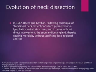Evolution of neck dissection
 In 1967, Bocca and Gavilian, Following technique of
“functional neck dissection” which preserved non-
lymphatic cervical structures, and in cases without
direct involvement, the submandibular gland, thereby
sparing morbidity without sacrificing loco-regional
control.
C.V. Calearo, G. Teatini Functional neck dissection: anatomical grounds, surgical technique clinical observations Ann Otol Rhinol
Laryngol, 92 (1983), pp. 215–222
E. Bocca Supraglottic laryngectomy and functional neck dissection J Laryngol Otol, 80 (1966), pp. 831–838
J. Gavilan, A. Monux, J. Herranz, et al.Functional neck dissection: surgical technique Operative Techniques in Otolaryngology-Head
and Neck Surgery, 4 (1993), pp. 258–265
 