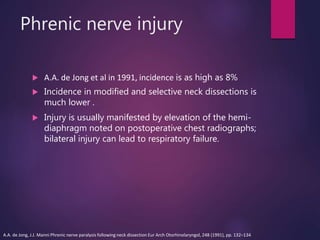 Phrenic nerve injury
 A.A. de Jong et al in 1991, incidence is as high as 8%
 Incidence in modified and selective neck dissections is
much lower .
 Injury is usually manifested by elevation of the hemi-
diaphragm noted on postoperative chest radiographs;
bilateral injury can lead to respiratory failure.
A.A. de Jong, J.J. Manni Phrenic nerve paralysis following neck dissection Eur Arch Otorhinolaryngol, 248 (1991), pp. 132–134
 