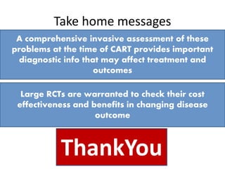 Take home messages
A comprehensive invasive assessment of these
problems at the time of CART provides important
diagnostic info that may affect treatment and
outcomes
Large RCTs are warranted to check their cost
effectiveness and benefits in changing disease
outcome
ThankYou
 