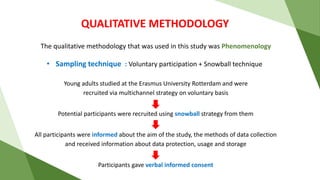 QUALITATIVE METHODOLOGY
The qualitative methodology that was used in this study was Phenomenology
Young adults studied at the Erasmus University Rotterdam and were
recruited via multichannel strategy on voluntary basis
Potential participants were recruited using snowball strategy from them
• Sampling technique : Voluntary participation + Snowball technique
All participants were informed about the aim of the study, the methods of data collection
and received information about data protection, usage and storage
Participants gave verbal informed consent
 