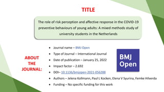 TITLE
The role of risk perception and affective response in the COVID-19
preventive behaviours of young adults: A mixed methods study of
university students in the Netherlands
 Journal name – BMJ Open
 Type of Journal – International Journal
 Date of publication – January 25, 2022
 Impact factor – 2.692
 DOI– 10.1136/bmjopen-2021-056288
 Authors – Jelena Kollmann, Paul L Kocken, Elena V Syurina, Femke Hilverda
 Funding – No specific funding for this work
ABOUT
THE
JOURNAL:
 