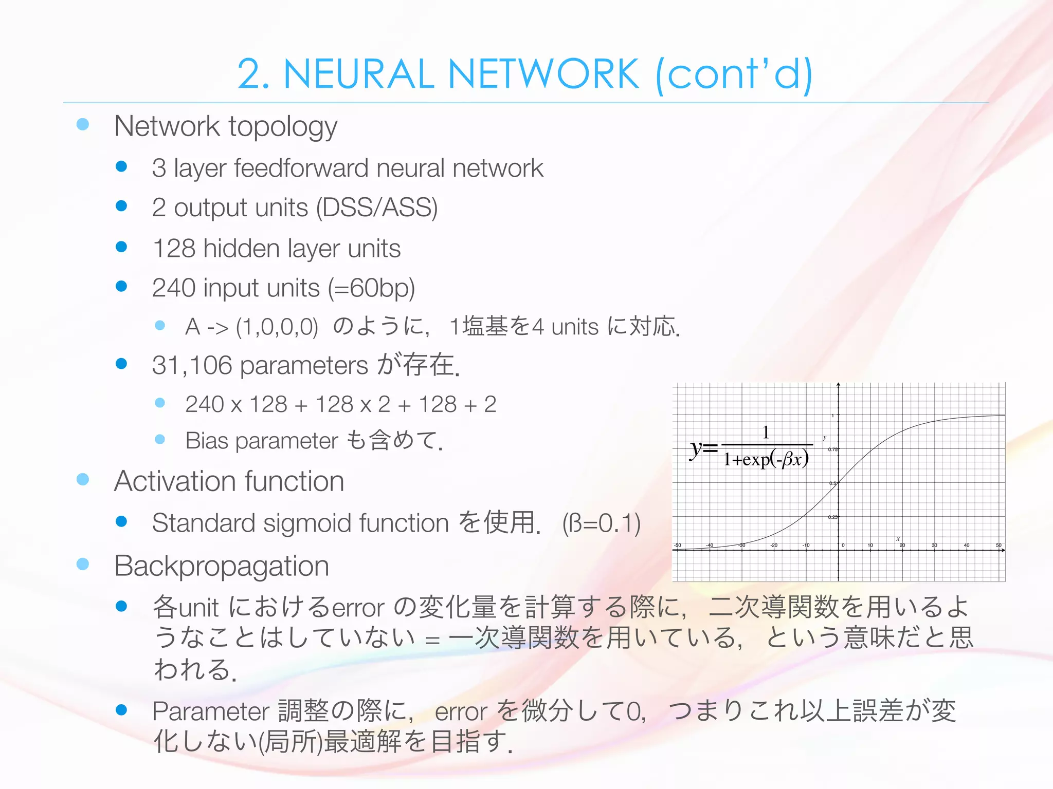 2. NEURAL NETWORK (cont’d)
—  Network topology 
—  3 layer feedforward neural network 
—  2 output units (DSS/ASS) 
—  128 hidden layer units 
—  240 input units (=60bp) 
—  A -> (1,0,0,0) のように，1塩基を4 units に対応．
—  31,106 parameters が存在．
—  240 x 128 + 128 x 2 + 128 + 2 
—  Bias parameter も含めて．
—  Activation function 
—  Standard sigmoid function を使用．(ß=0.1) 
—  Backpropagation 
—  各unit におけるerror の変化量を計算する際に，二次導関数を用いるよ
うなことはしていない = 一次導関数を用いている，という意味だと思
われる．
—  Parameter 調整の際に，error を微分して0，つまりこれ以上誤差が変
化しない(局所)最適解を目指す．
-50 -40 -30 -20 -10 0 10 20 30 40 50
0.25
0.5
0.75
1
 