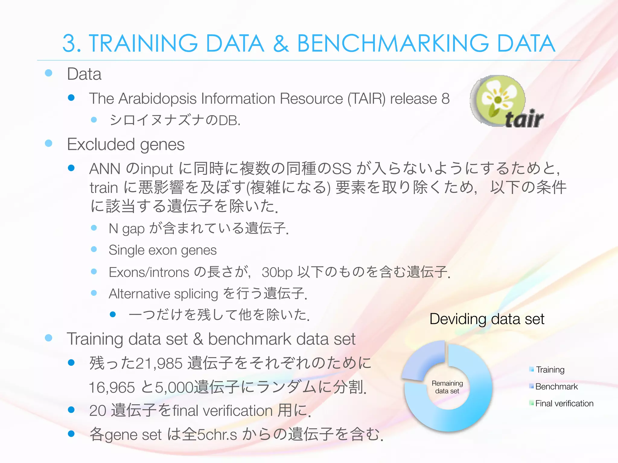 3. TRAINING DATA & BENCHMARKING DATA
—  Data 
—  The Arabidopsis Information Resource (TAIR) release 8 
—  シロイヌナズナのDB. 
—  Excluded genes 
—  ANN のinput に同時に複数の同種のSS が入らないようにするためと，
train に悪影響を及ぼす(複雑になる) 要素を取り除くため，以下の条件
に該当する遺伝子を除いた．
—  N gap が含まれている遺伝子．
—  Single exon genes 
—  Exons/introns の長さが，30bp 以下のものを含む遺伝子．
—  Alternative splicing を行う遺伝子．
—  一つだけを残して他を除いた．
—  Training data set & benchmark data set 
—  残った21,985 遺伝子をそれぞれのために
16,965 と5,000遺伝子にランダムに分割．
—  20 遺伝子をﬁnal veriﬁcation 用に．
—  各gene set は全5chr.s からの遺伝子を含む．
Deviding data set
Training
Benchmark
Final veriﬁcation
Remaining 
data set
 